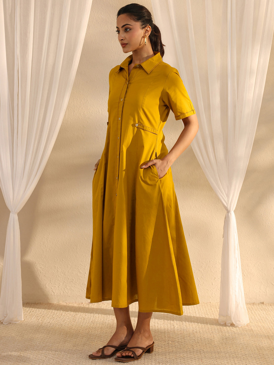 Mustard Shirt Style Cotton A-Line One Piece Dress