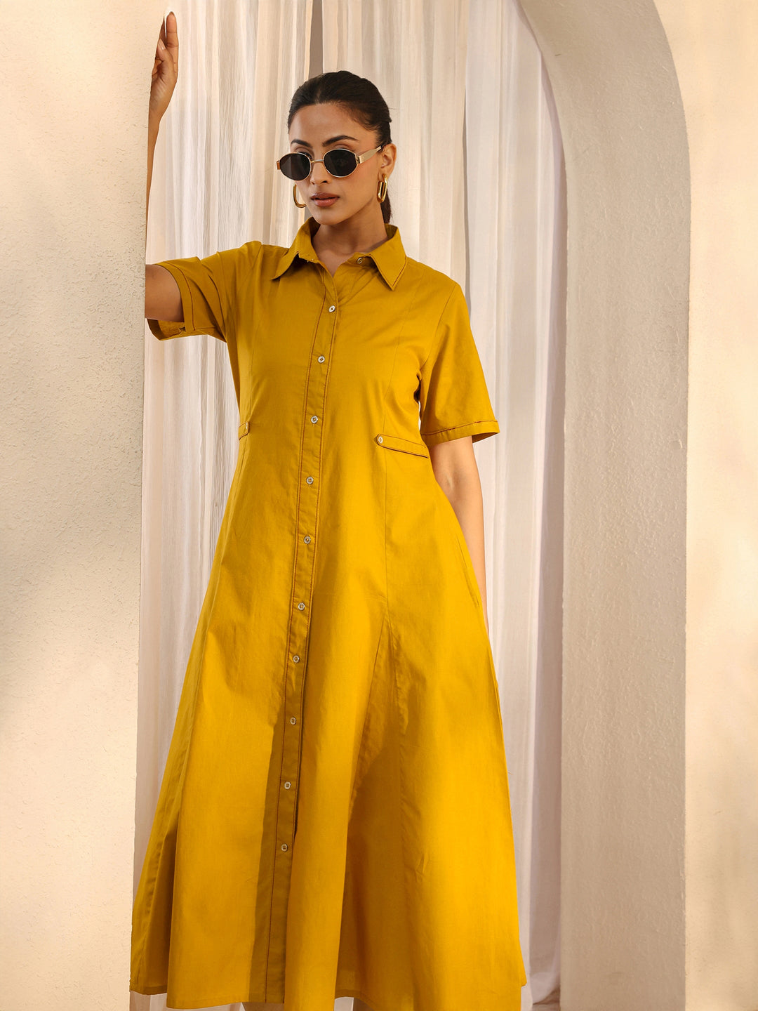 Mustard Shirt Style Cotton A-Line One Piece Dress