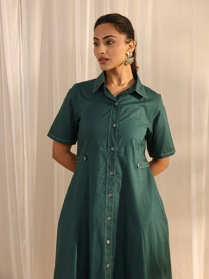 Teal Shirt Style Cotton A-Line One Piece Dress