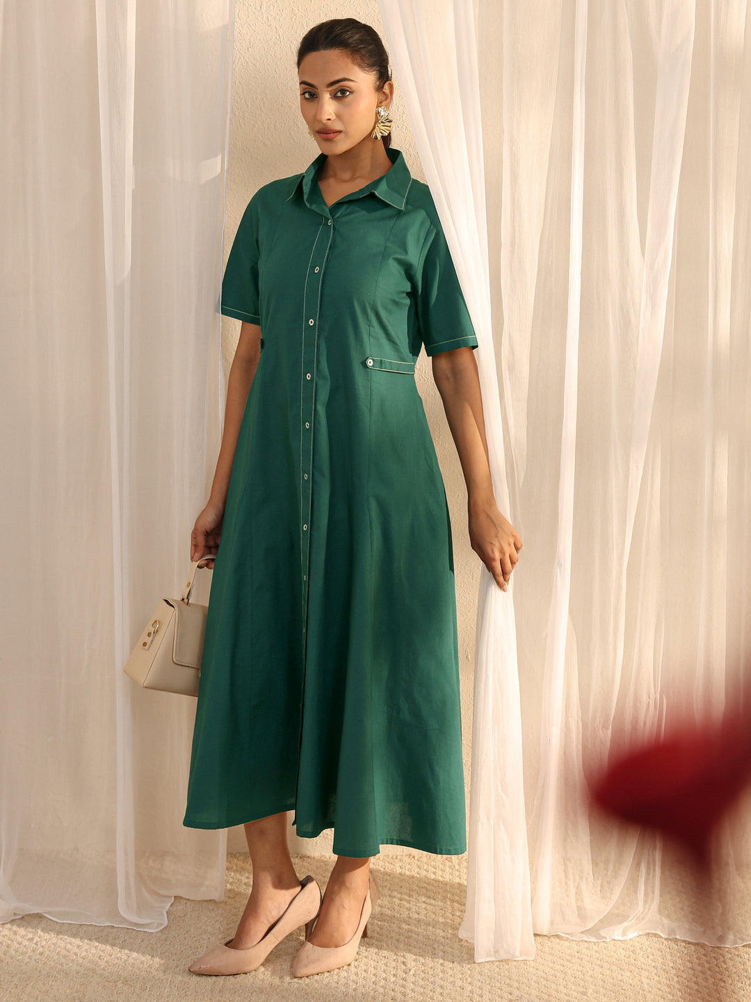 Teal Shirt Style Cotton A-Line One Piece Dress
