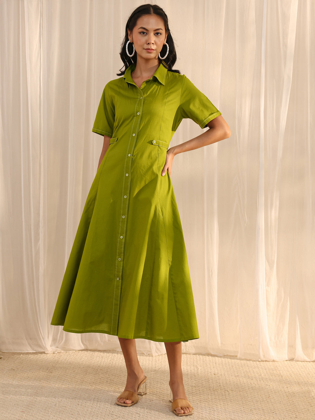 Green Shirt Style Cotton A-Line One Piece Dress