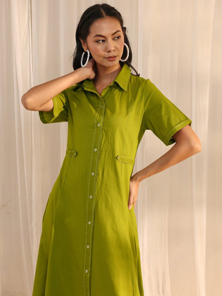 Green Shirt Style Cotton A-Line One Piece Dress