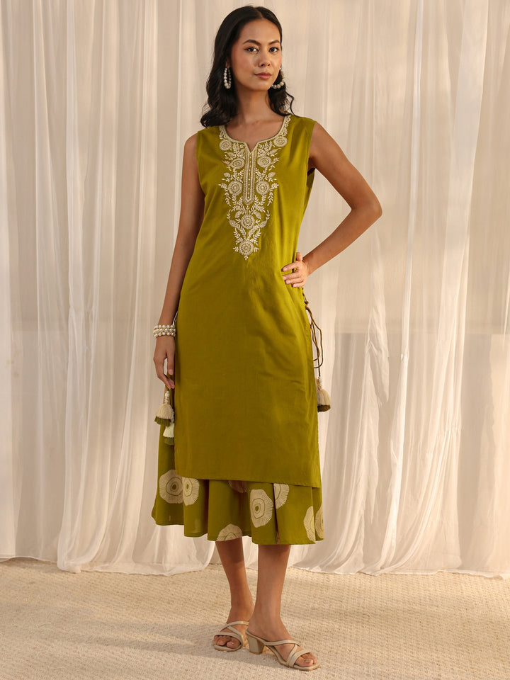 Green Embroidered A-Line Cotton One Piece Dress