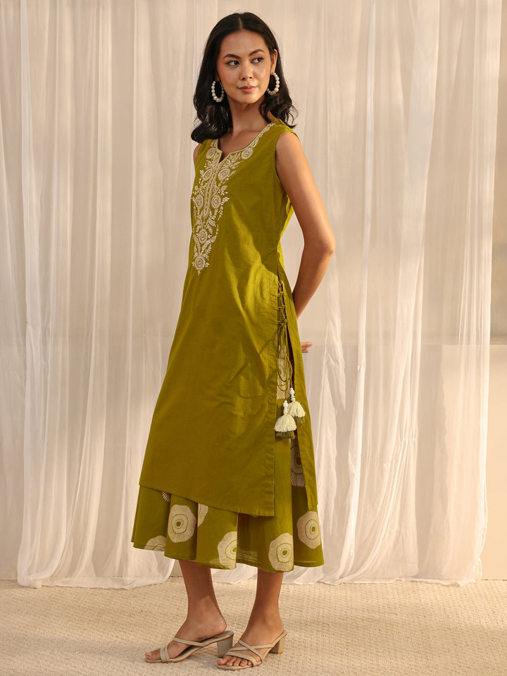 Green Embroidered A-Line Cotton One Piece Dress