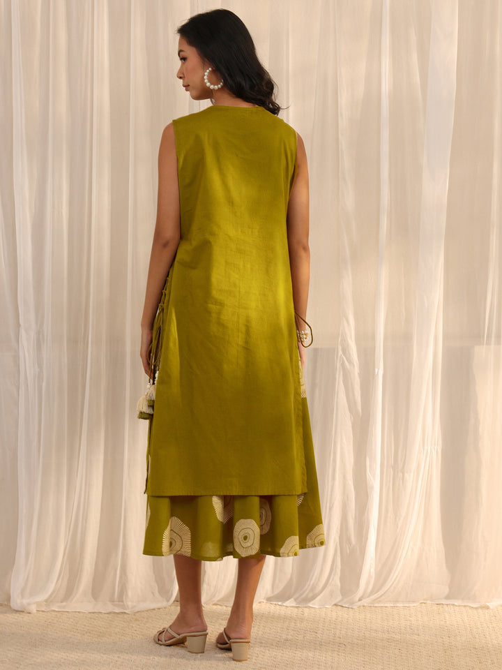 Green Embroidered A-Line Cotton One Piece Dress