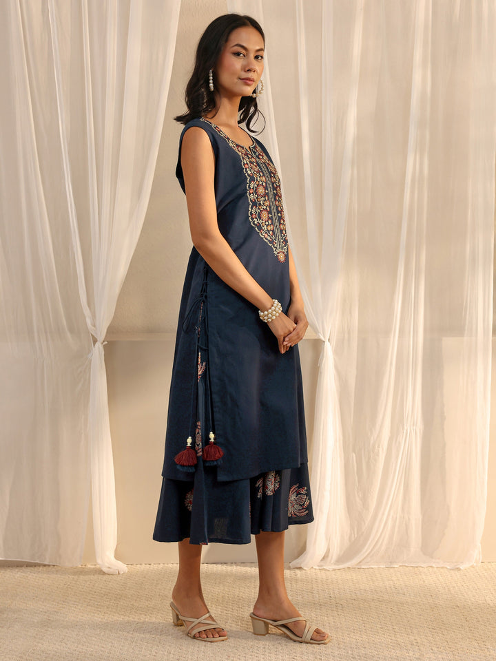 Blue Floral Embroidered Cotton A-Line One Piece Dress