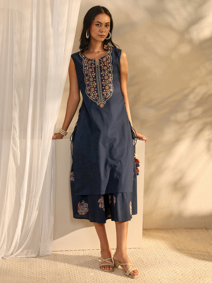 Blue Floral Embroidered Cotton A-Line One Piece Dress