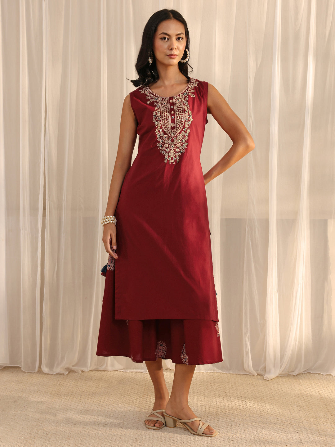 Maroon Floral Embroidered Cotton A-line One Piece Dress