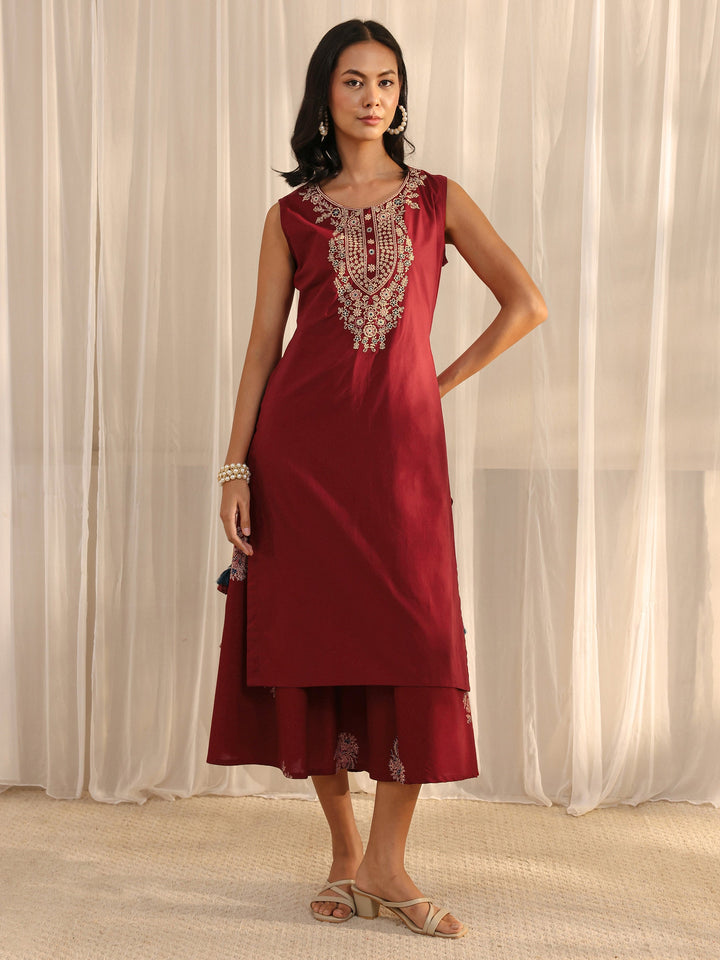 Maroon Floral Embroidered Cotton A-line One Piece Dress