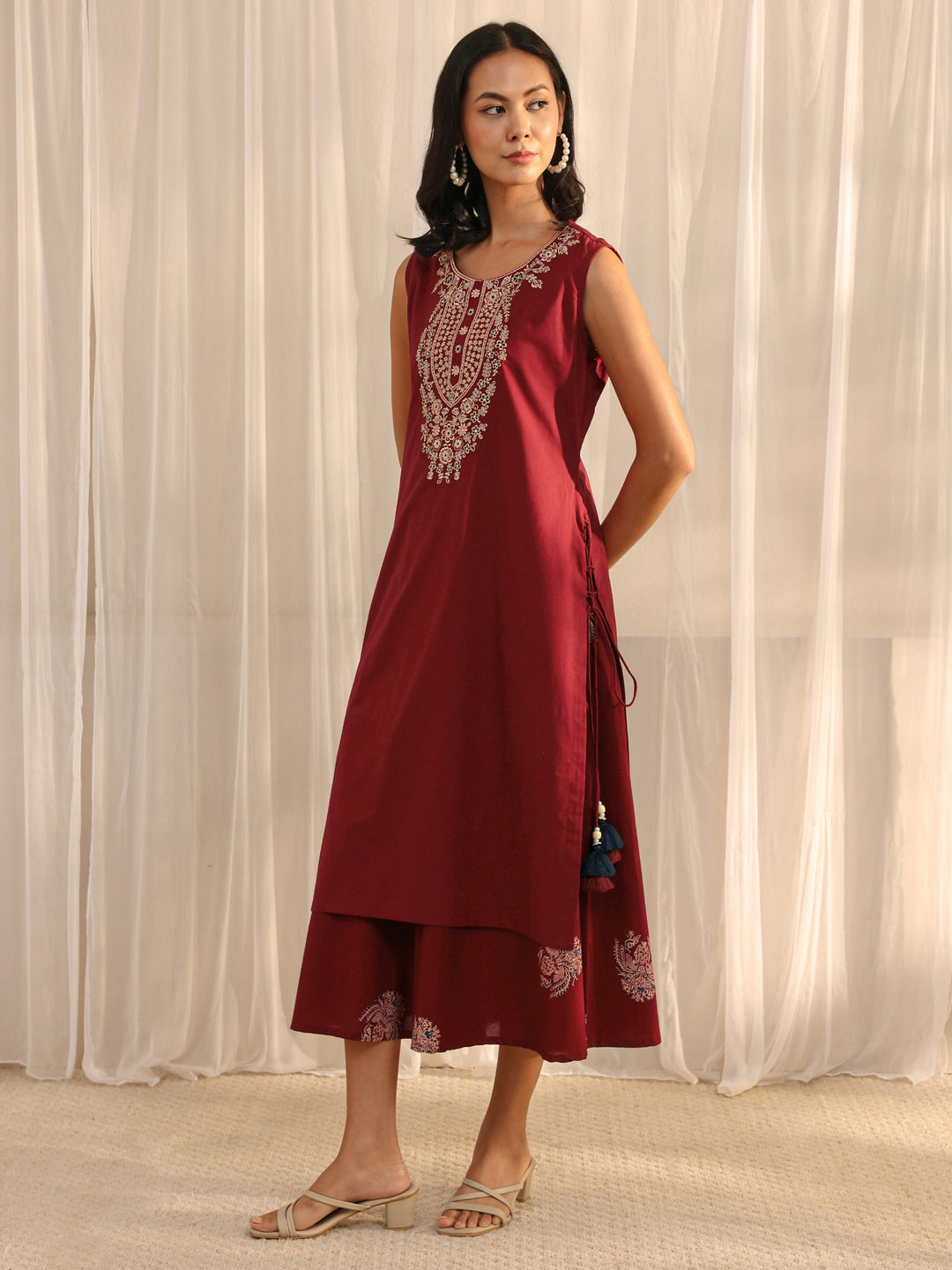Maroon Floral Embroidered Cotton A-line One Piece Dress