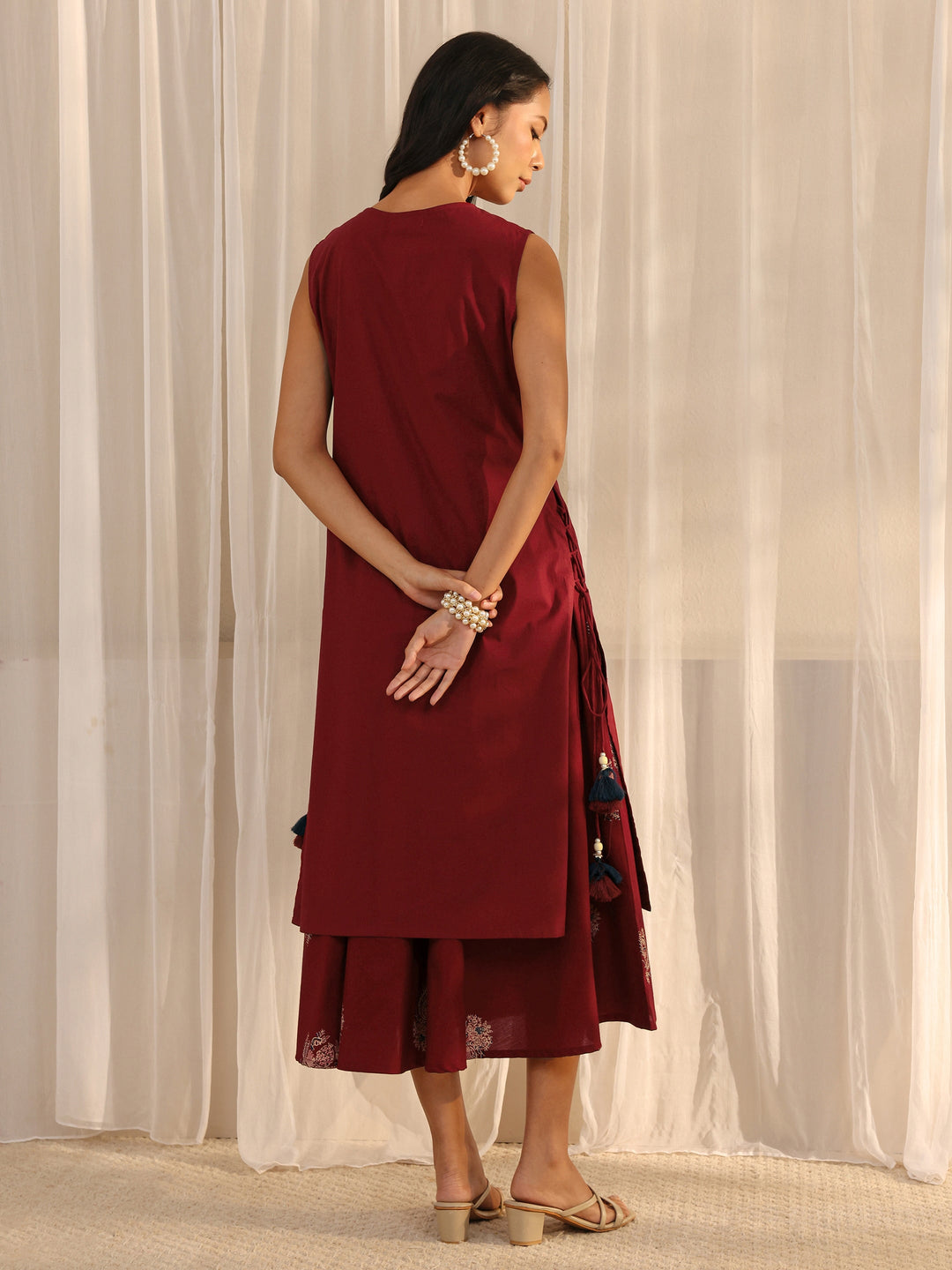 Maroon Floral Embroidered Cotton A-line One Piece Dress