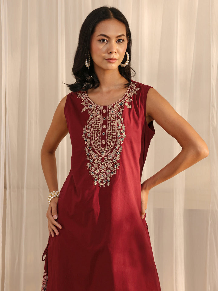 Maroon Floral Embroidered Cotton A-line One Piece Dress