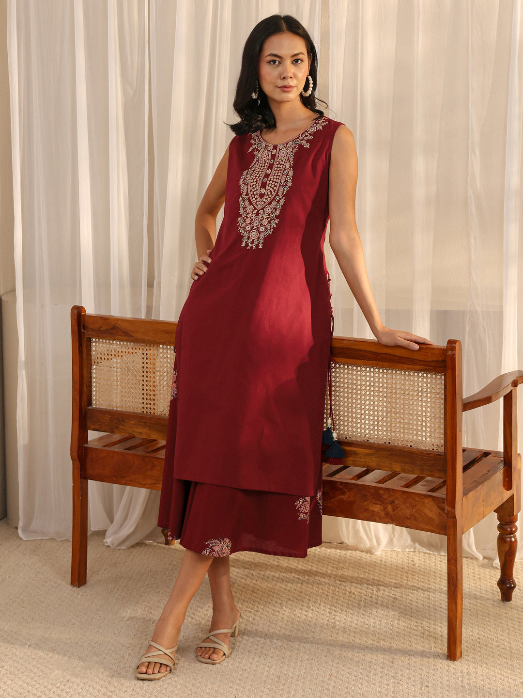 Maroon Floral Embroidered Cotton A-line One Piece Dress