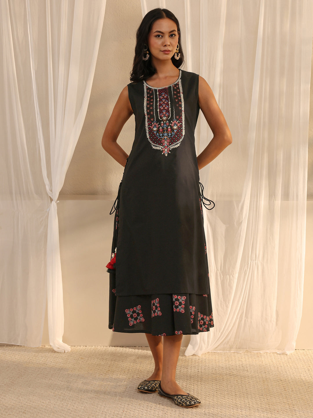 Black Floral Embroidered A-Line Cotton One Piece Dress