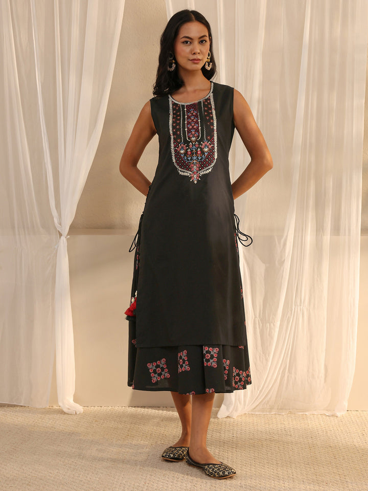 Black Floral Embroidered A-Line Cotton One Piece Dress