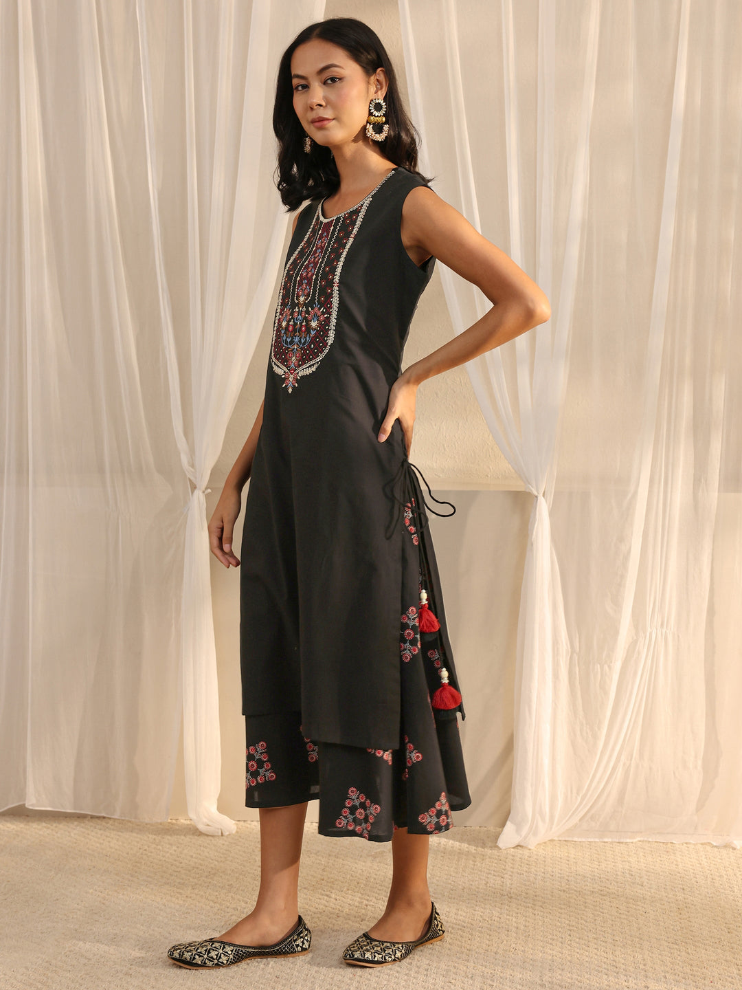 Black Floral Embroidered A-Line Cotton One Piece Dress
