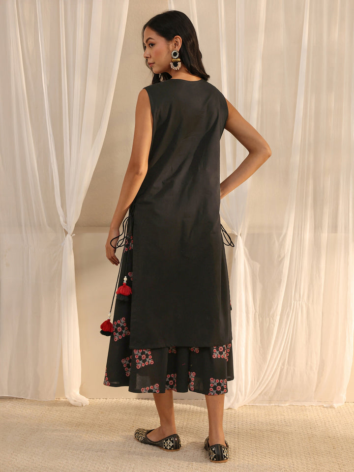 Black Floral Embroidered A-Line Cotton One Piece Dress