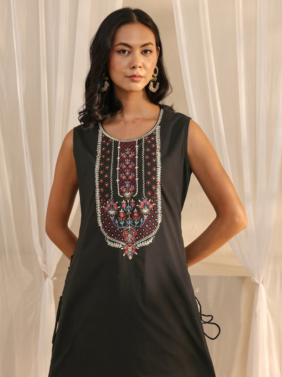 Black Floral Embroidered A-Line Cotton One Piece Dress