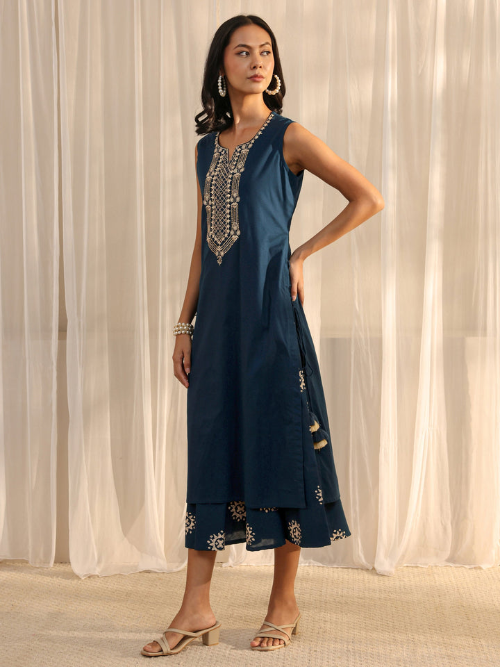 Blue Ethnic Motif Embroidered Cotton A-Line One Piece Dress