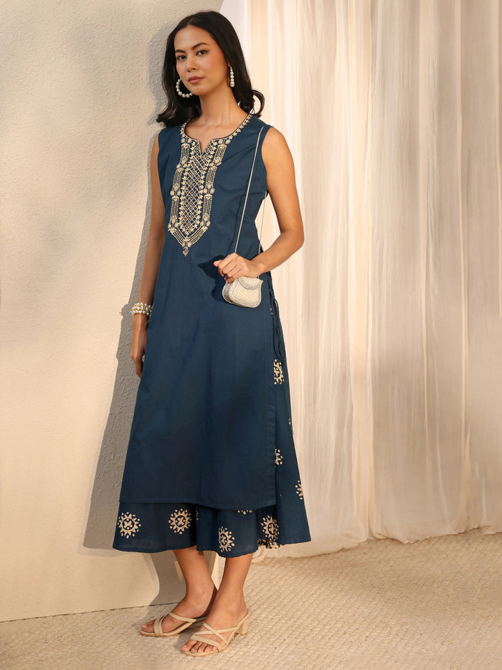Blue Ethnic Motif Embroidered Cotton A-Line One Piece Dress