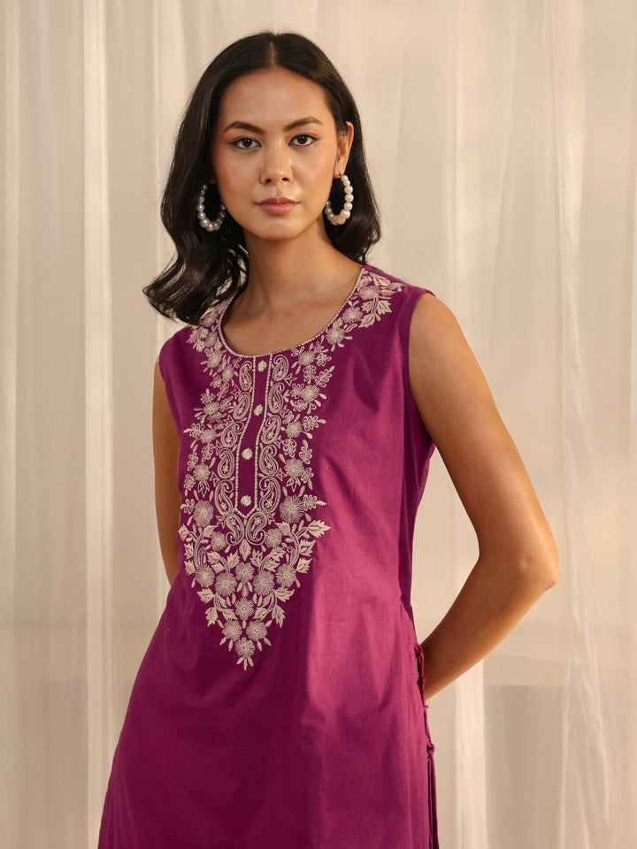 Burgundy Floral Embroidered Cotton A-Line One Piece Dress
