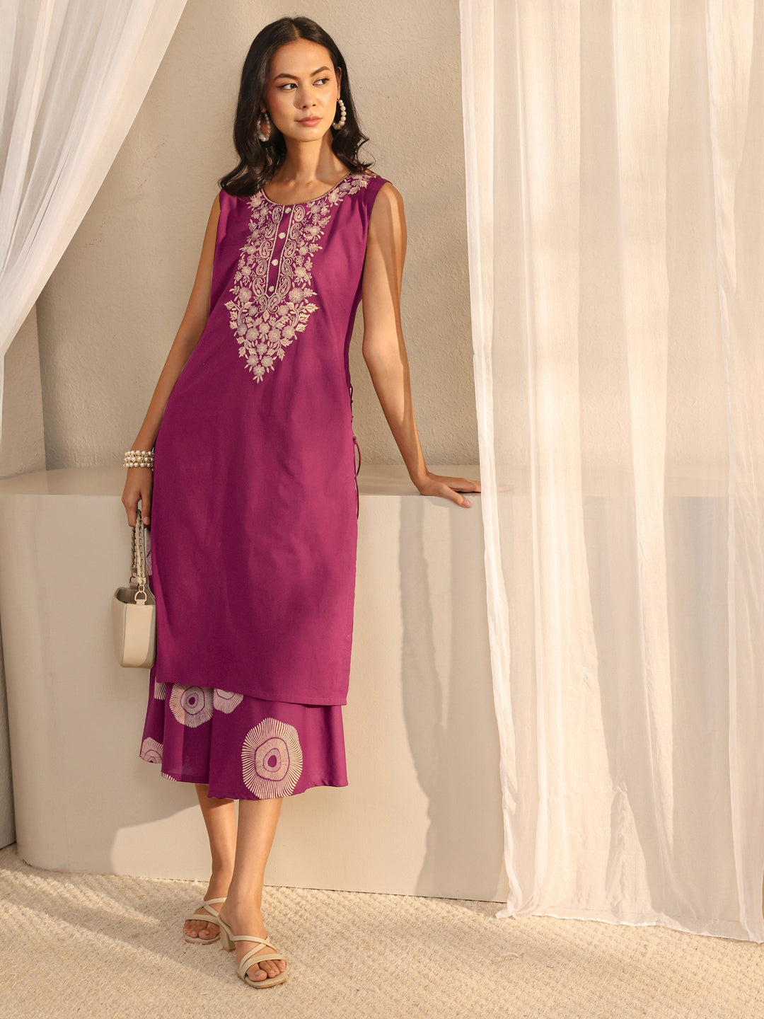 Burgundy Floral Embroidered Cotton A-Line One Piece Dress