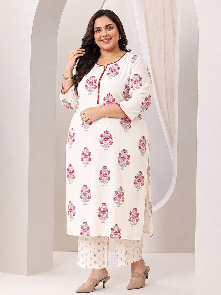 Plus Size Off White Floral Printed Silk Blend Straight Suit Set
