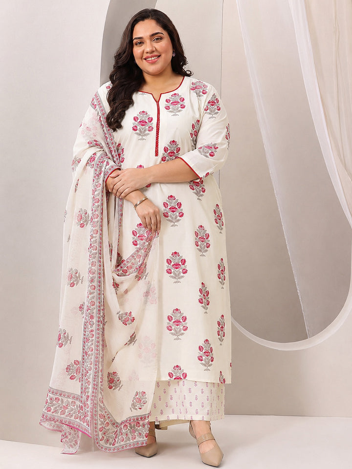 Plus Size Off White Floral Printed Silk Blend Straight Suit Set