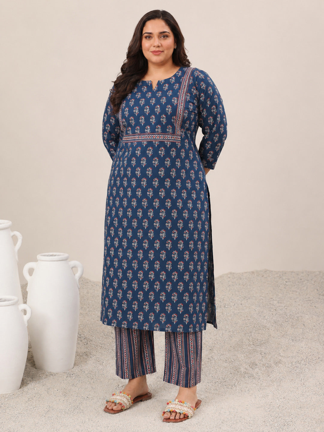 Plus Size Blue Printed Cotton Straight Suit With Dupatta