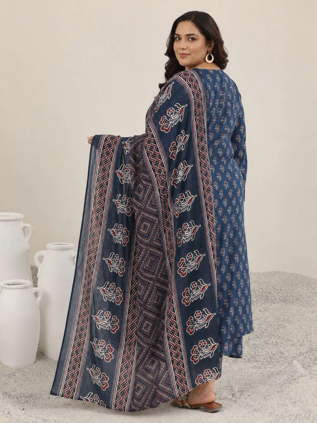 Plus Size Blue Printed Cotton Straight Suit With Dupatta