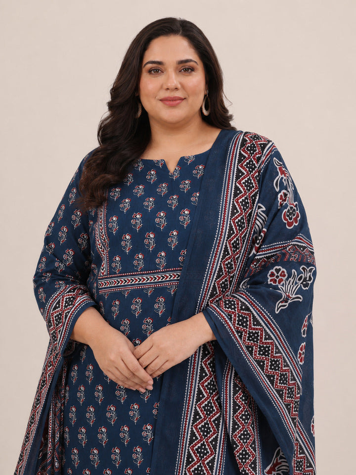 Plus Size Blue Printed Cotton Straight Suit With Dupatta