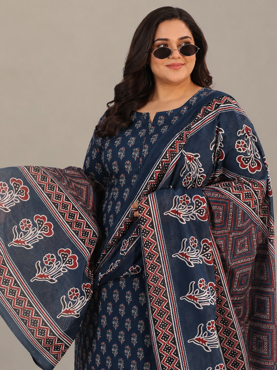 Plus Size Blue Printed Cotton Straight Suit With Dupatta
