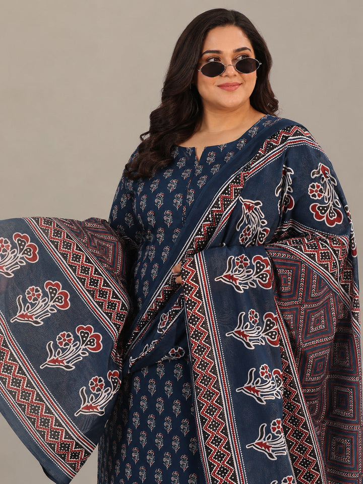 Plus Size Blue Printed Cotton Straight Suit With Dupatta