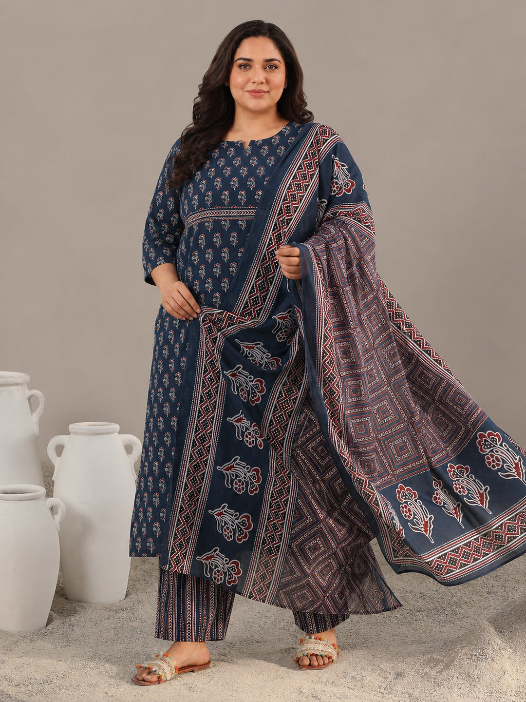Plus Size Blue Printed Cotton Straight Suit With Dupatta