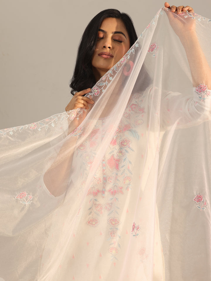 Off White Embroidered Cotton Straight Suit With Dupatta