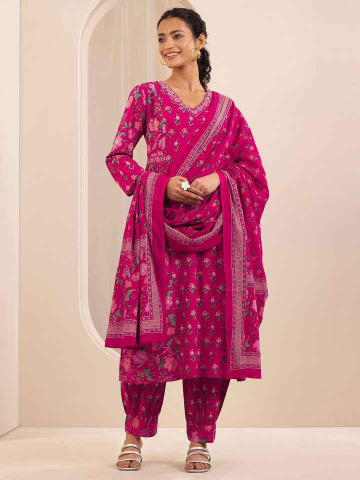 Libas Pink Printed Cotton A-line Suit Sets With Dupatta