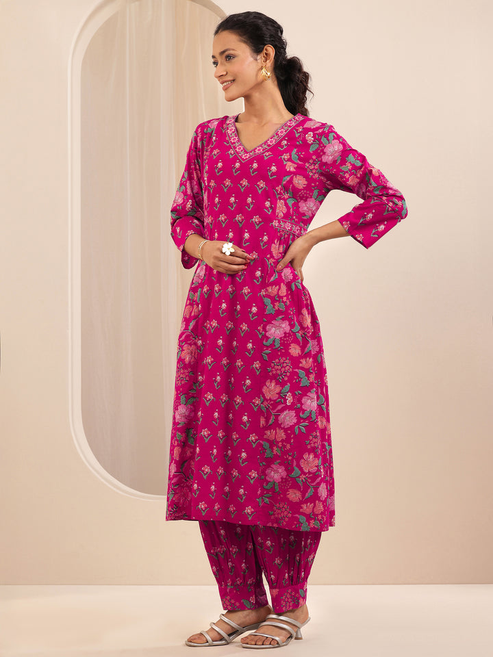 Libas Pink Printed Cotton A-line Suit Sets With Dupatta