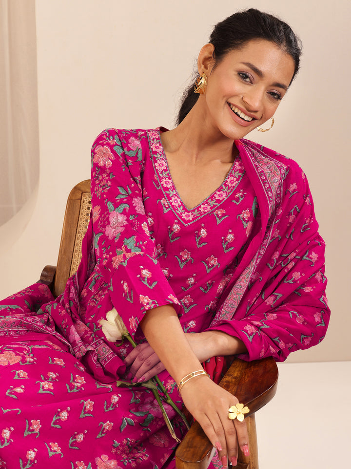 Libas Pink Printed Cotton A-line Suit Sets With Dupatta