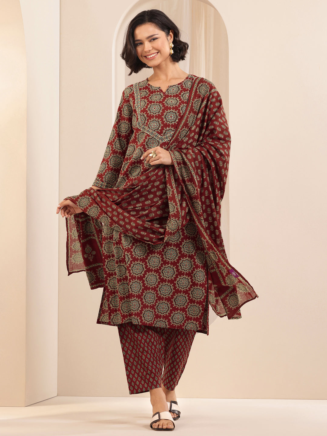 Rust Printed Cotton Straight Suit Sets With Dupatta