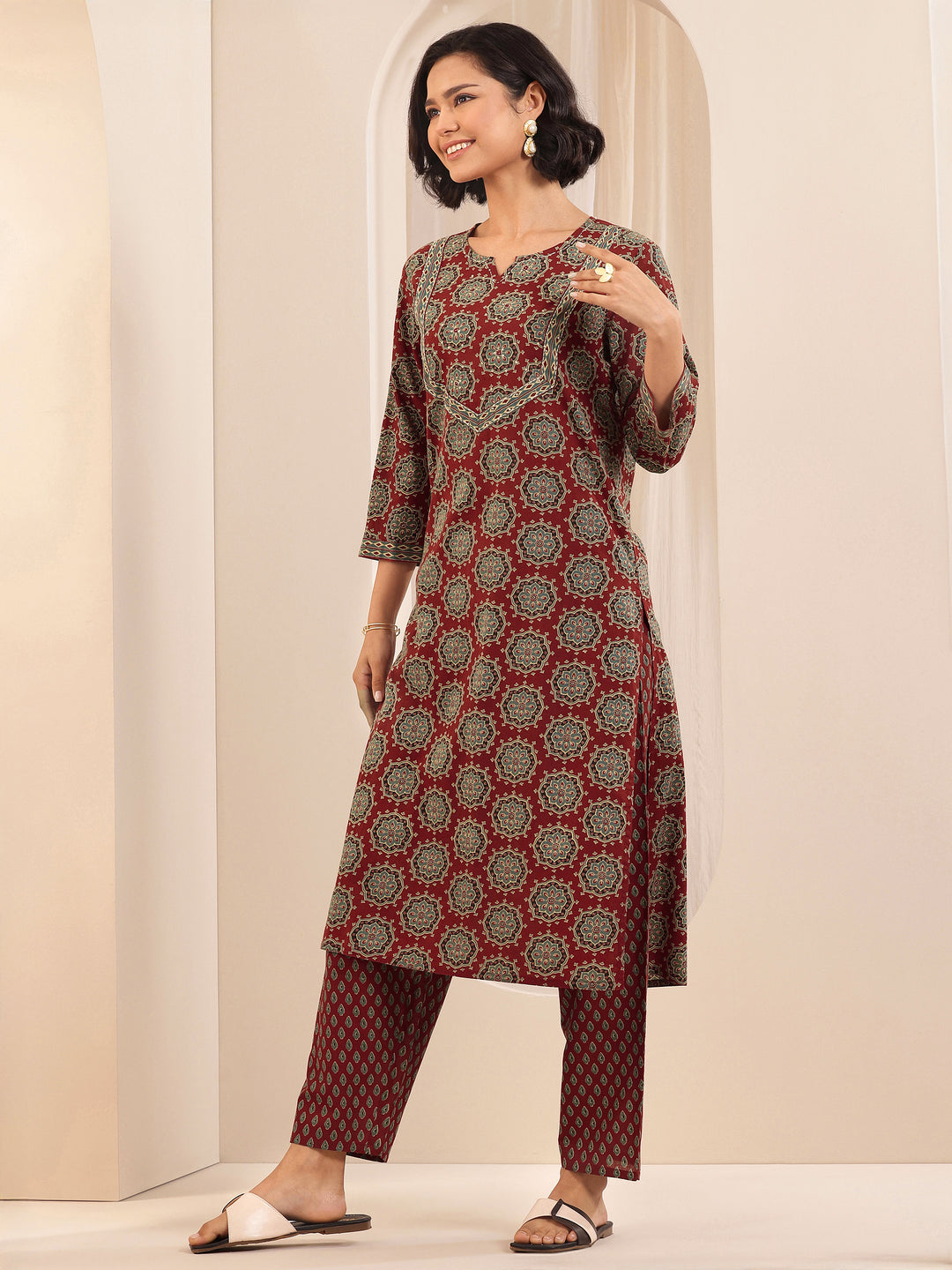 Rust Printed Cotton Straight Suit Sets With Dupatta
