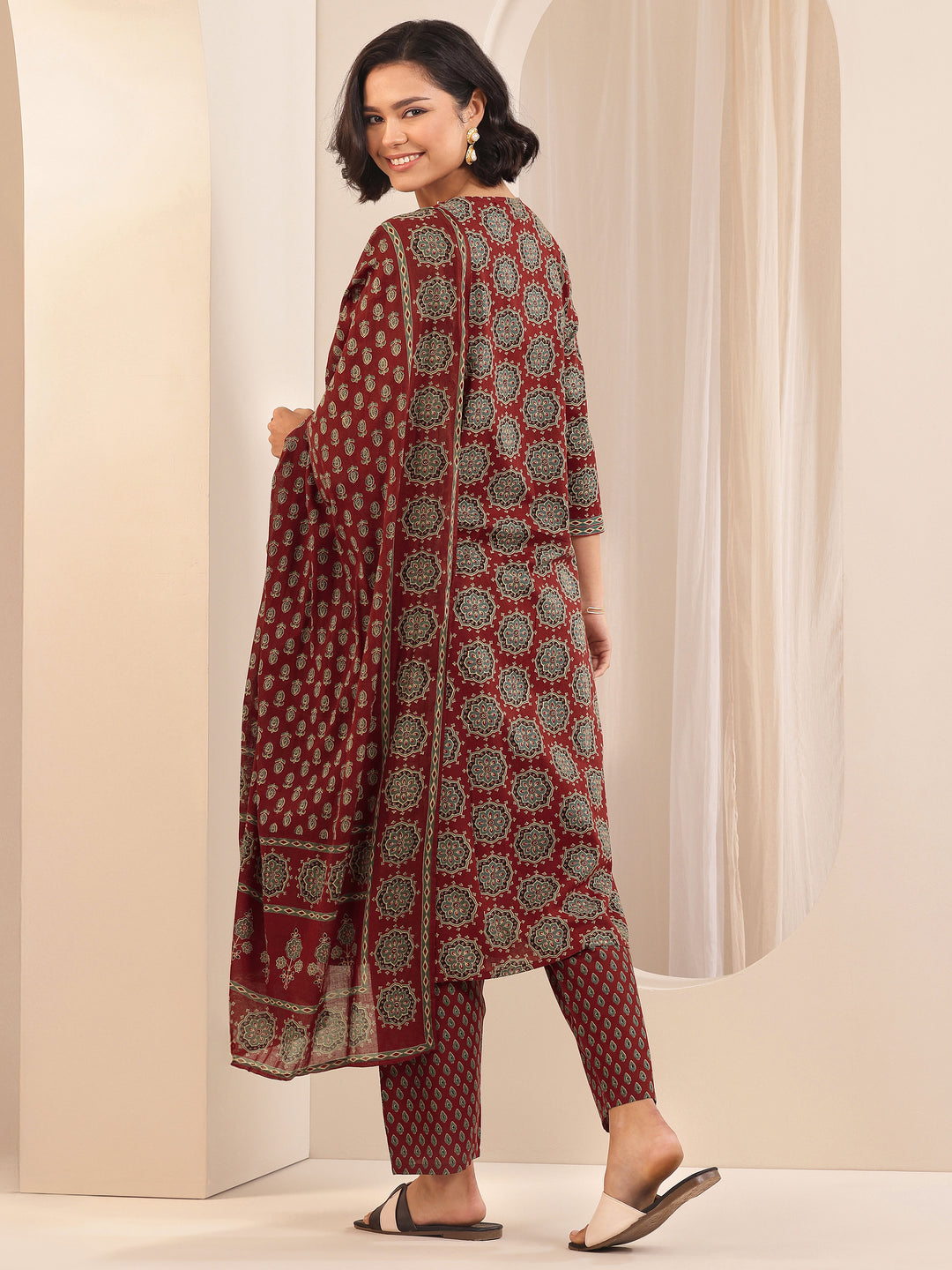 Rust Printed Cotton Straight Suit Sets With Dupatta