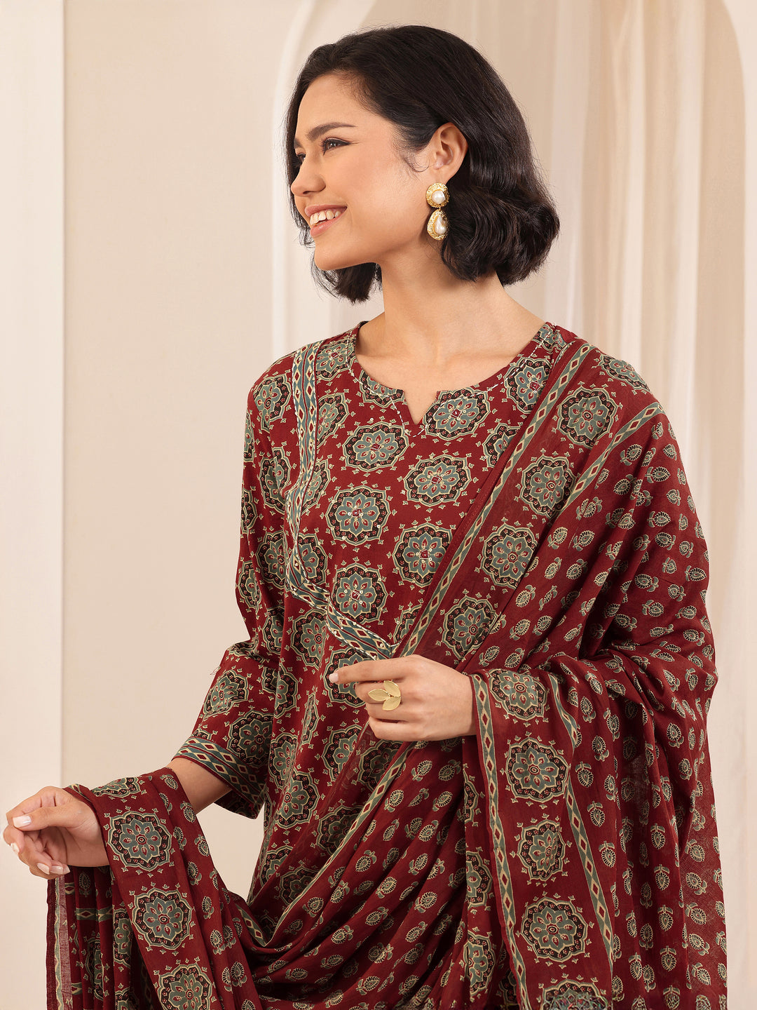 Rust Printed Cotton Straight Suit Sets With Dupatta