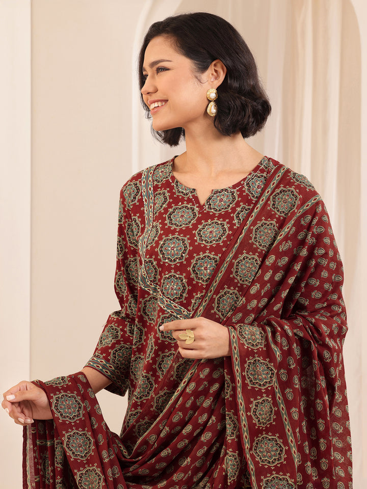 Rust Printed Cotton Straight Suit Sets With Dupatta