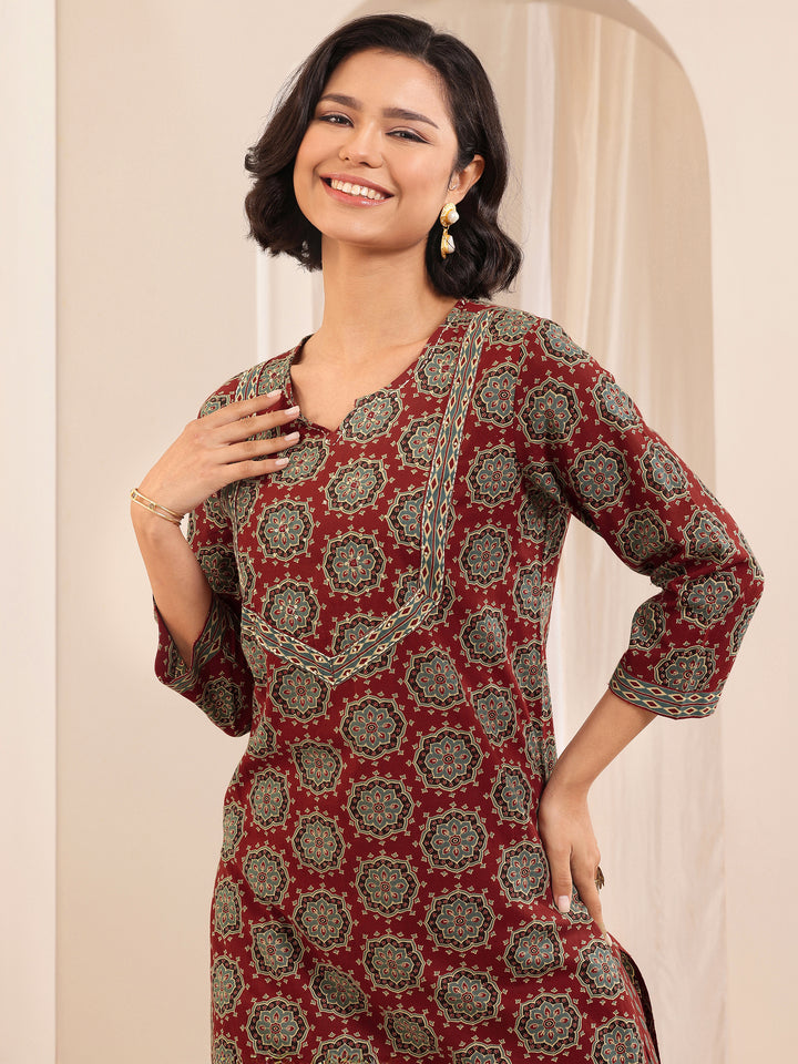 Rust Printed Cotton Straight Suit Sets With Dupatta