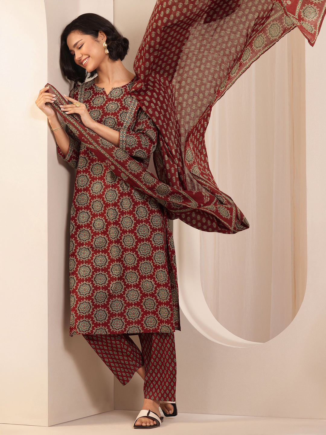 Rust Printed Cotton Straight Suit Sets With Dupatta