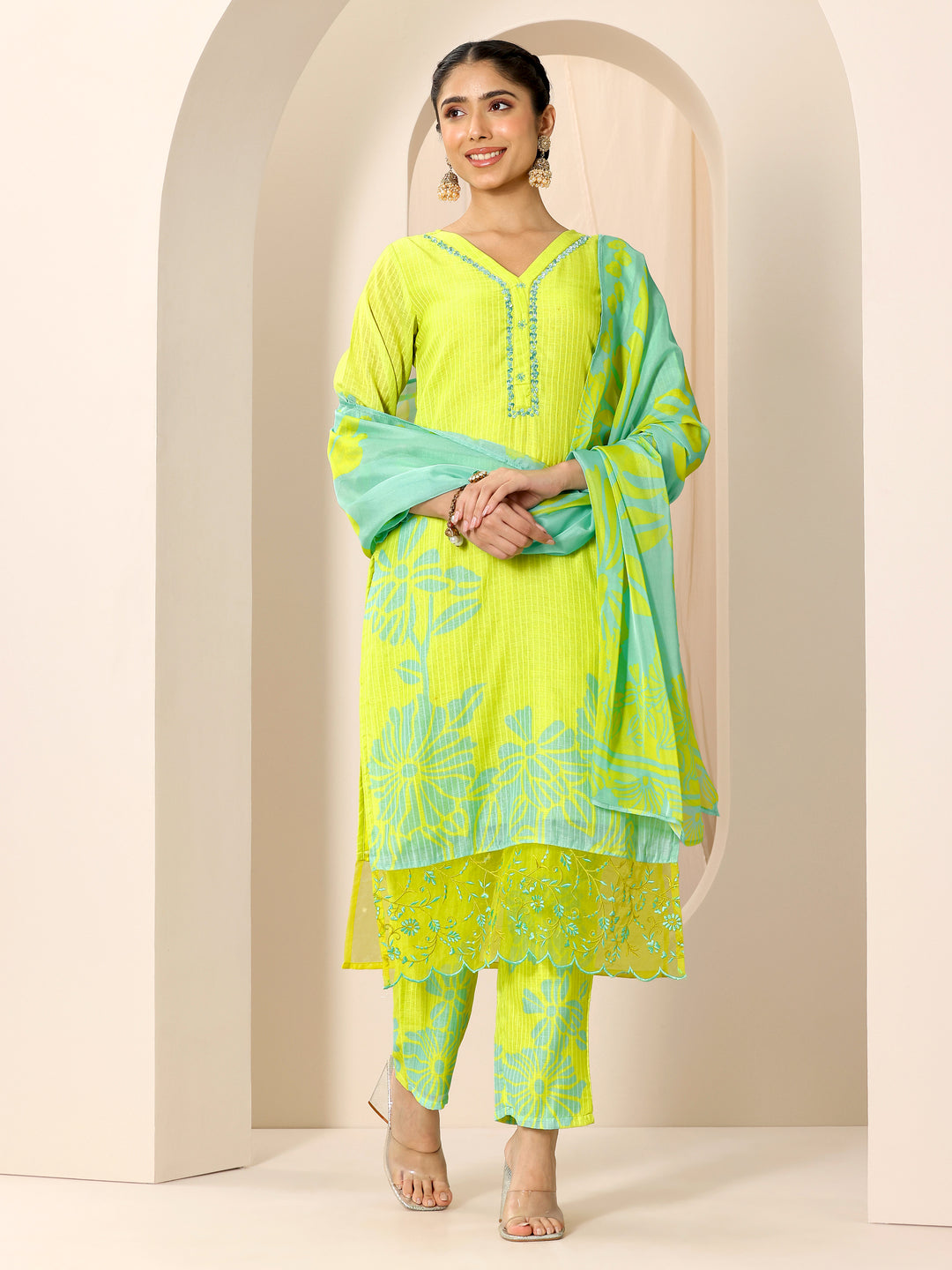 Green Printed Cotton Straight Suit Set With Dupatta