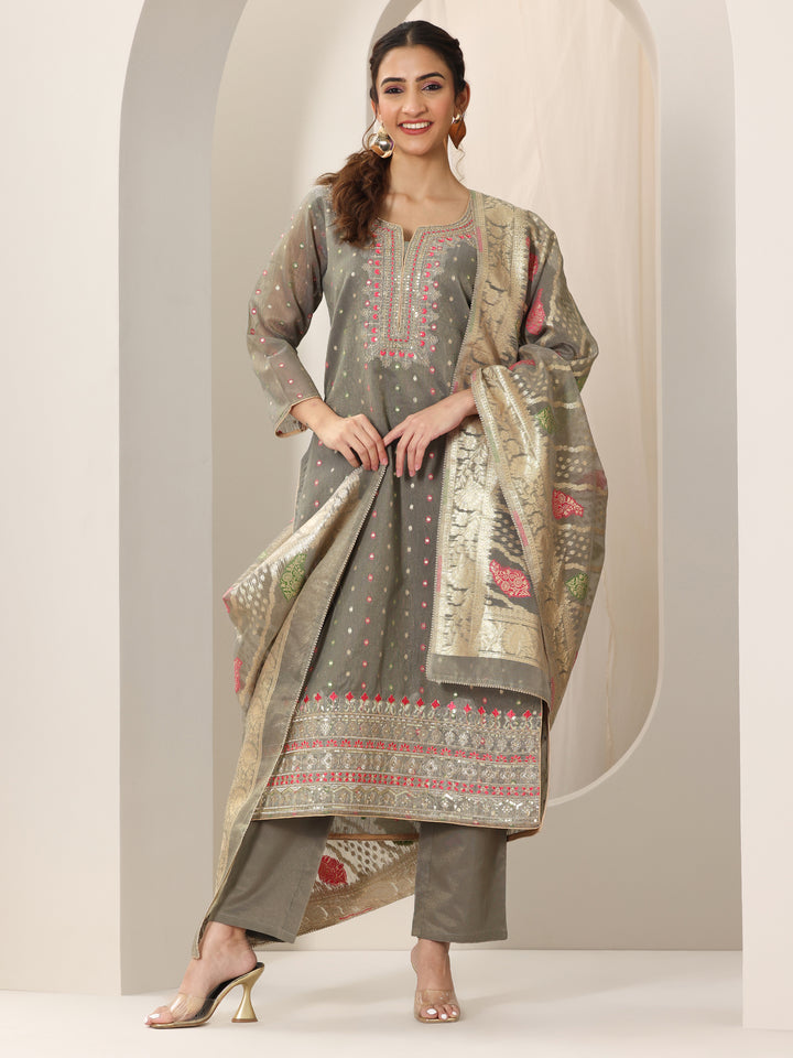 Grey Woven Design Chanderi Silk Straight Suit Set With Dupatta