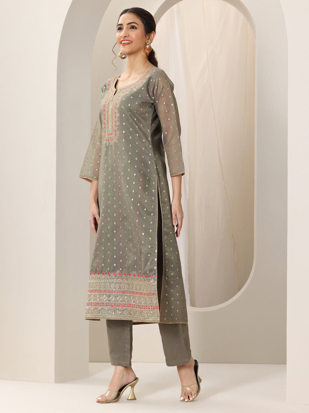 Grey Woven Design Chanderi Silk Straight Suit Set With Dupatta