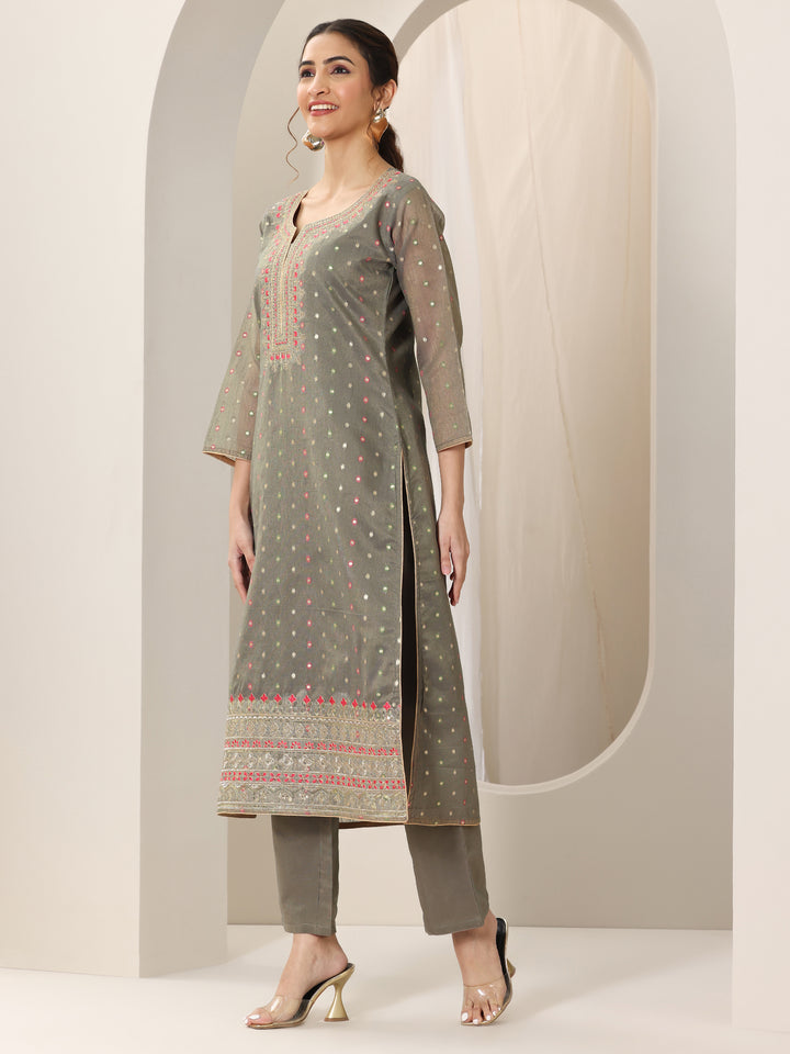 Grey Woven Design Chanderi Silk Straight Suit Set With Dupatta