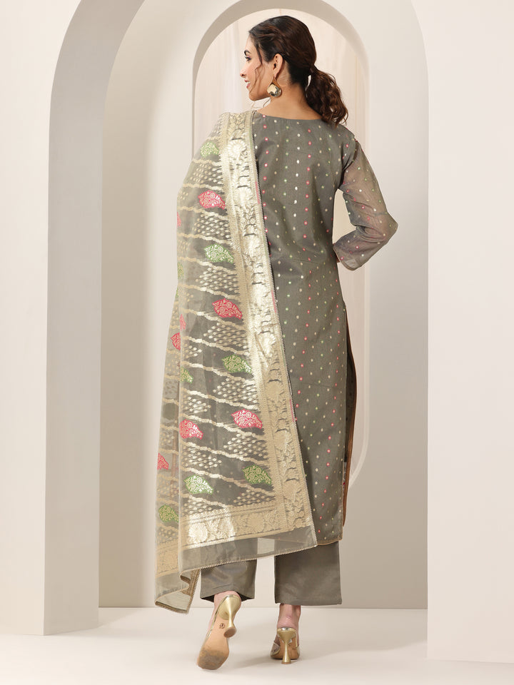Grey Woven Design Chanderi Silk Straight Suit Set With Dupatta